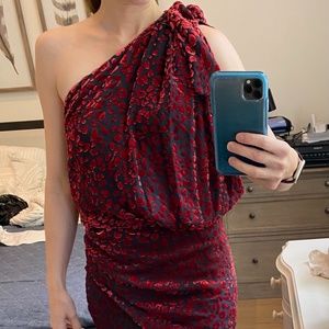 Iro velvet red and black flocked one shoulder mini dress